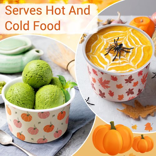 Jingmore 100 Pcs 8 oz Fall Treat Snack Cups Pumpkin Maple Leaves Disposable Paper Bowls Thanksgiving Orange Party Favors Paper Bowls for Hot or Cold Food Autumn Party Supplies