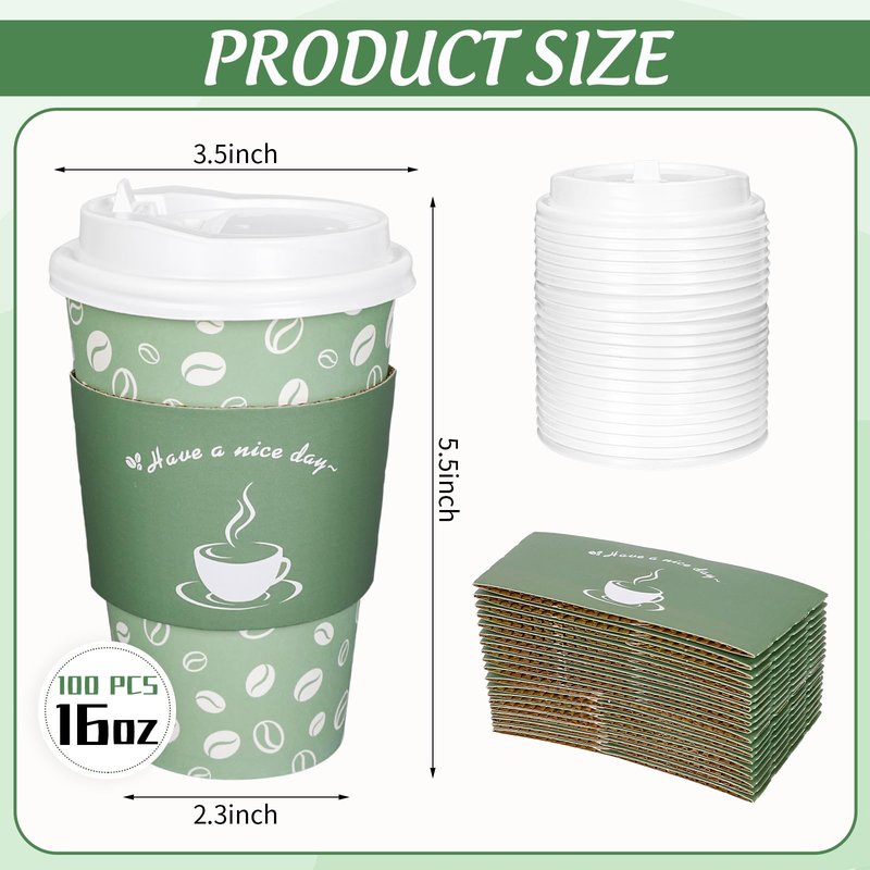 Whaline 100 Pack Disposable Coffee Cups with Lids and Sleeves 16oz Sage Green Thickened Leak-Proof Paper Cups To Go Coffee Cups for Hot Cold Drink Cafes Shops Cappuccino Chocolate Beverage Cocoa