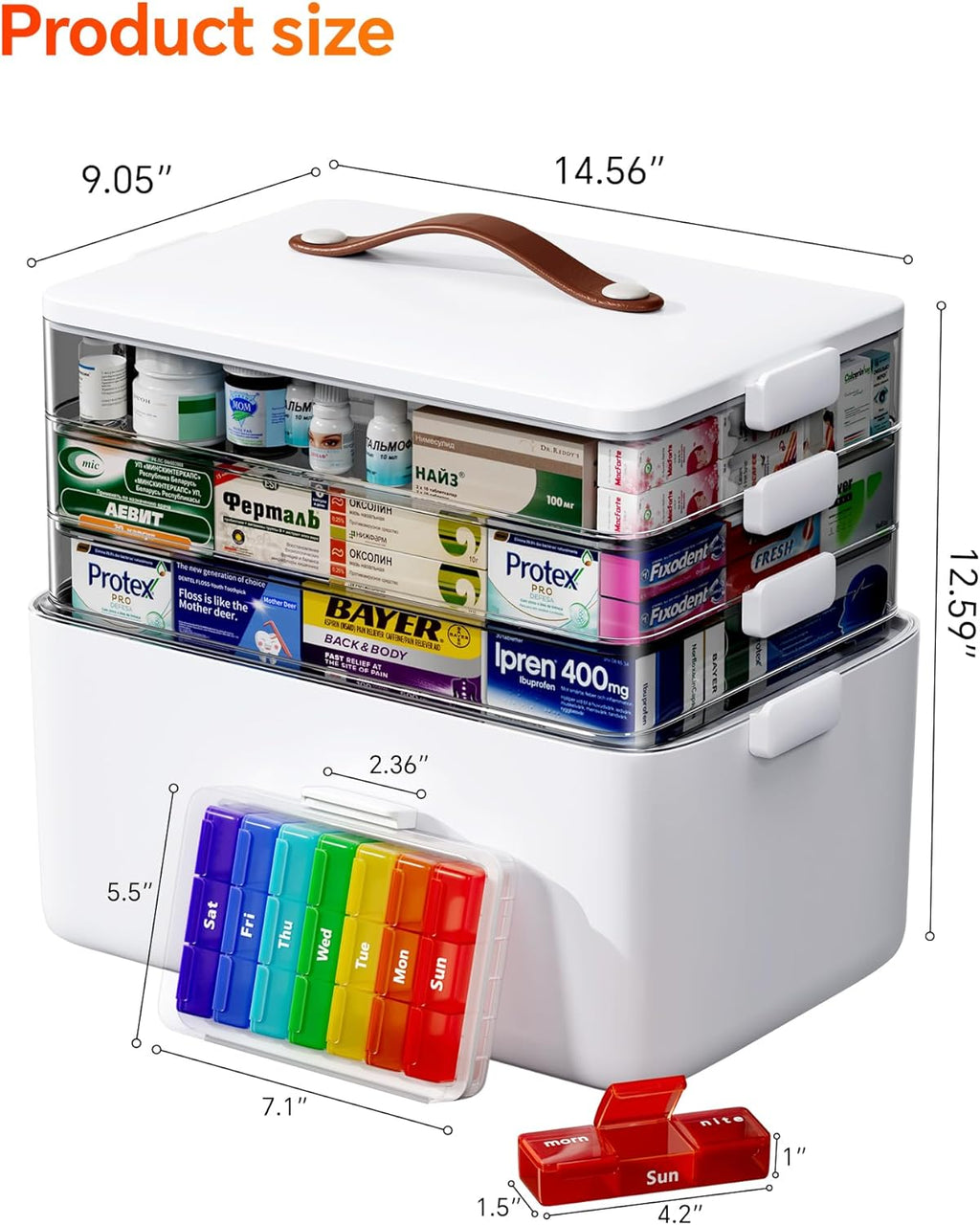Skiennix 4-Tier Medicine Cabinet Organizer - Stylish Leather Handle & Portable Weekly Pill Organizer | Multipurpose Storage Box for Family Emergencies