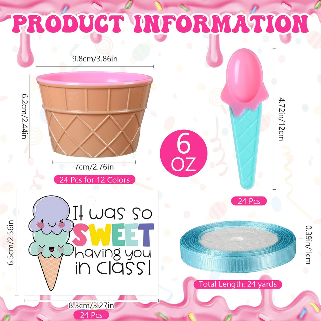 Sieral 24 Sets End of Year Gift Including 24 Pcs Ice Cream Bowls and Spoons 24 Pcs Cards with Plastic Bags and 1 Roll Ribbon for Prizes Summer Birthday Ice Cream Party