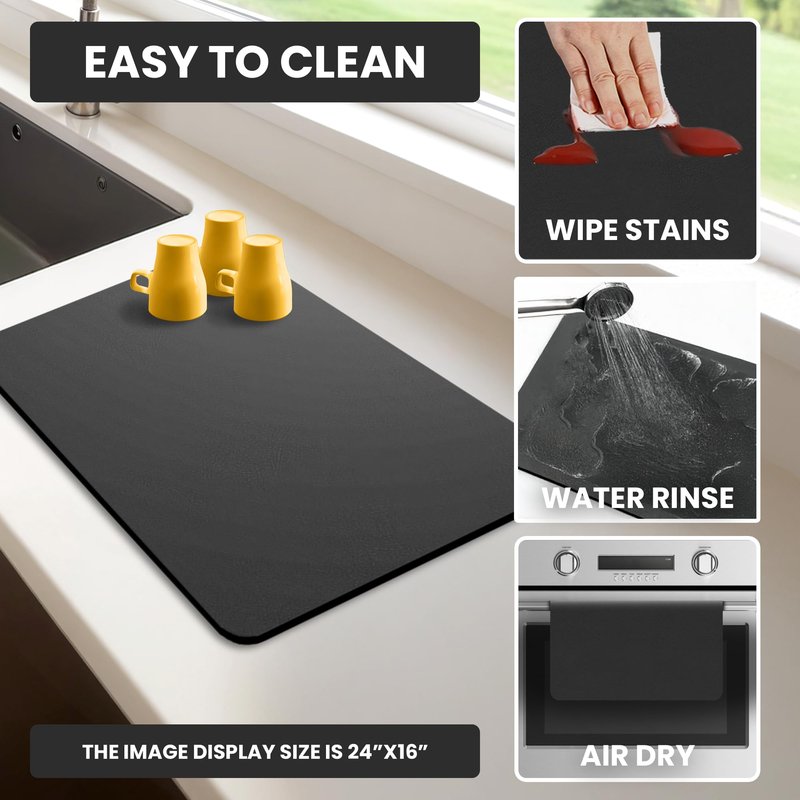STRABELLA Dish Drying Mat Super Absorbent – 24" x 16" Coffee Mat for Countertops – Non-Slip Drying Mat for Kitchen Counter – Easy to Clean Water Absorbent Mat – Large Dish Drying Mats (Black)