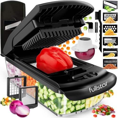 Fullstar All-In-One Vegetable Chopper | Versatile Food Chopper with Container & Julienne Slicer (8-in-1, Black)