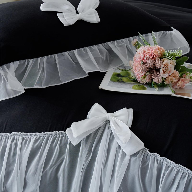 Girls Lace Bedding,Queen Comforter Cover Set, Chic Ruffled Duvet Cover with Lovely Bow,Princess Style 1 Duvet Cover with 2 Pillowcases, No Comforter-Black,Queen Size
