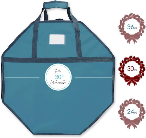 Hearth & Harbor Wreath Storage Organizer Box - Premium Hard Shell Christmas Bag with Dual Zipper & Pockets | 30" Blue