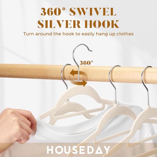 HOUSE DAY Velvet Hangers - Non-Slip Space-Saving 60 Pack in Ivory for Clothes, Pants, and Coats