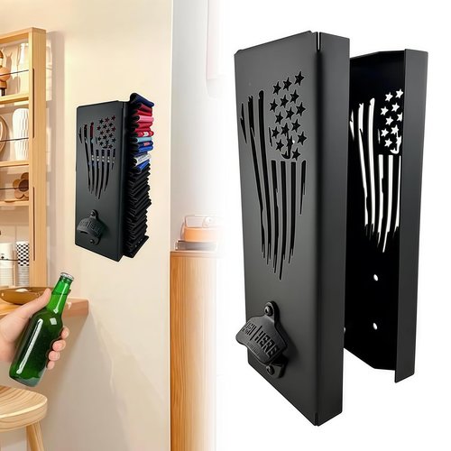 2 in 1 Metal Can Cooler Holder with Bottle Opener - Wall Mount, Compatible with Standard Can Cooler, Beer Sleeves Organizer and Dispenser for Home Family Bar (16 in)