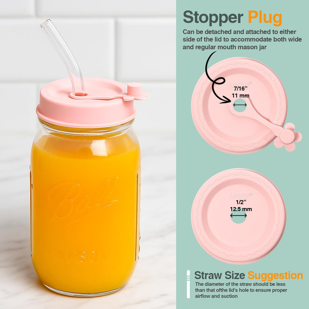 Lelife Silicone Mason Jar Lids, Regular and Wide Mouth Compatible, with Straw Hole and Stopper (Assorted Colors 8PCS)