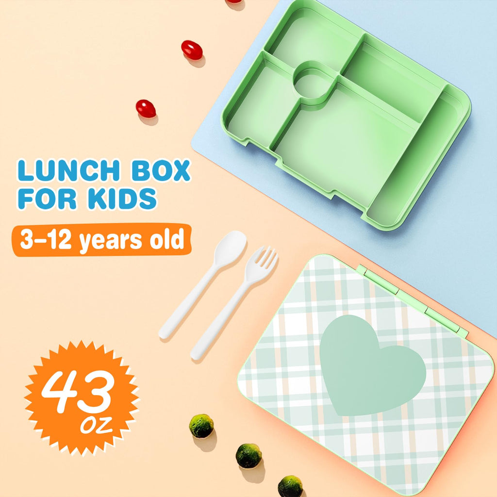 Bevalsa Bento Box for School Kids with Insulated Water Bottle Set - 43oz Lunch Containers Lunchbox Bento Box, 14oz Termos Kids Water Bottle, Lunch Bag for School Girls Kid Student (Green Plaid)