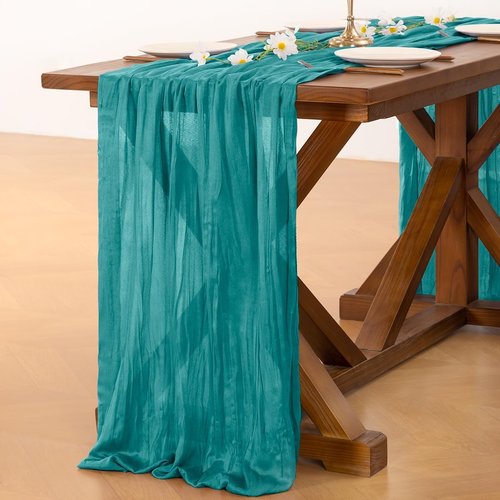 **Socomi Teal Blue Cheesecloth Table Runner - 120 Inch Boho Rustic Decor for Weddings & Events**
