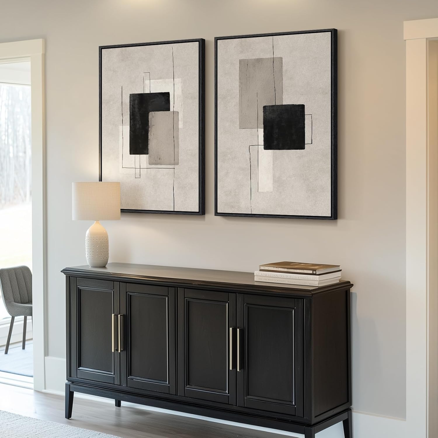 Skiennix Large Framed Neutral Abstract Wall Art - Set of 2 Black & Beige Canvas Prints | 24x36 In Minimalist Decor