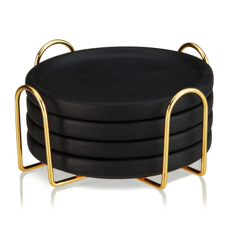 Viski Earthenware Coasters Set of 4 - Ceramic Drink Coasters - Outdoor Coasters for Drinks - Unique Coasters with Gold Stand Black