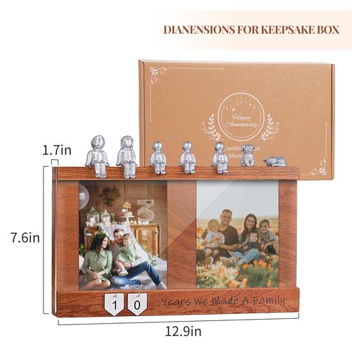 Anniversary Keepsake Box with Family Statue- Wooden Picture Frame for Cherished Keepsakes Storage，Anniversary or Wedding Gifts for Her/He (Walnut)