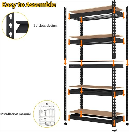 KOKEBREN Garage Shelving Heavy Duty Storage Shelves 2000Lbs Capacity, 5 Tier Adjustable Metal Shelving Unit 48" W x 18" D x 72" H, Industrial Utility Rack for Kitchen Pantry