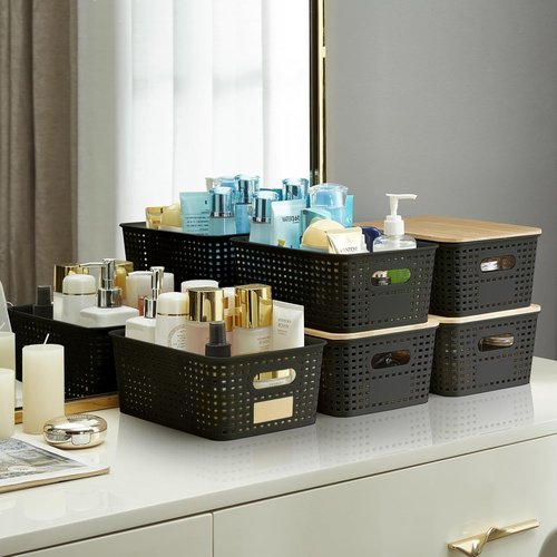 Bagnizer Small Plastic Storage Bins - Stackable 5.2qt Decorative Containers with Bamboo Lids | Black, Set of 6