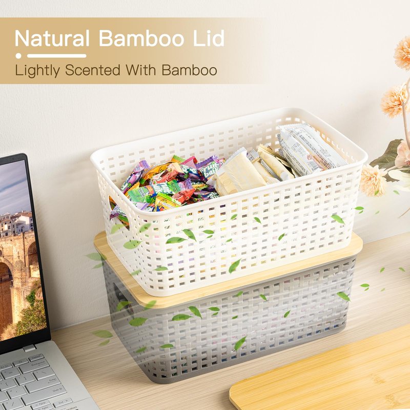 Criusia 6 Pack Plastic Storage Baskets With Bamboo Lid, Stackable Storage Baskets for Organizing Desktop Closet Shelves Drawers Pantry Organization Office Playroom Classroom