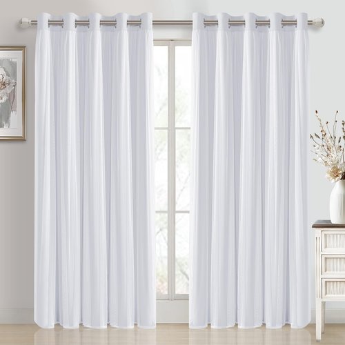DWCN White Blackout Curtains with Sheer Overlay Thermal Insulated Mix & Match Double Layer Window Panels for Bedroom Living Room Drape Sewn with Tiebacks Grommet Top 60" Wx84 Lx2