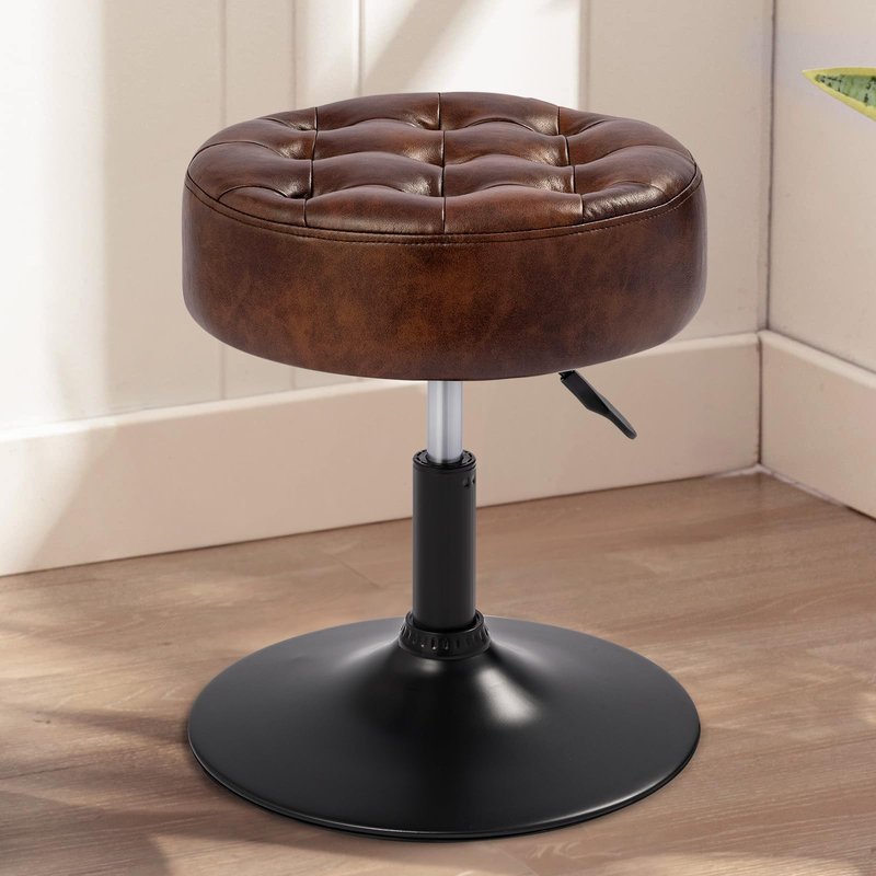 Furnibetter Velvet Tufted Makeup Chair, 360° Swivel Adjustable Vanity Chair Ottoman Stool Vanity Stool for Bedroom Modern Accent Chairs Big Size Stools for Living Room Bathroom, PU, Darkbrown