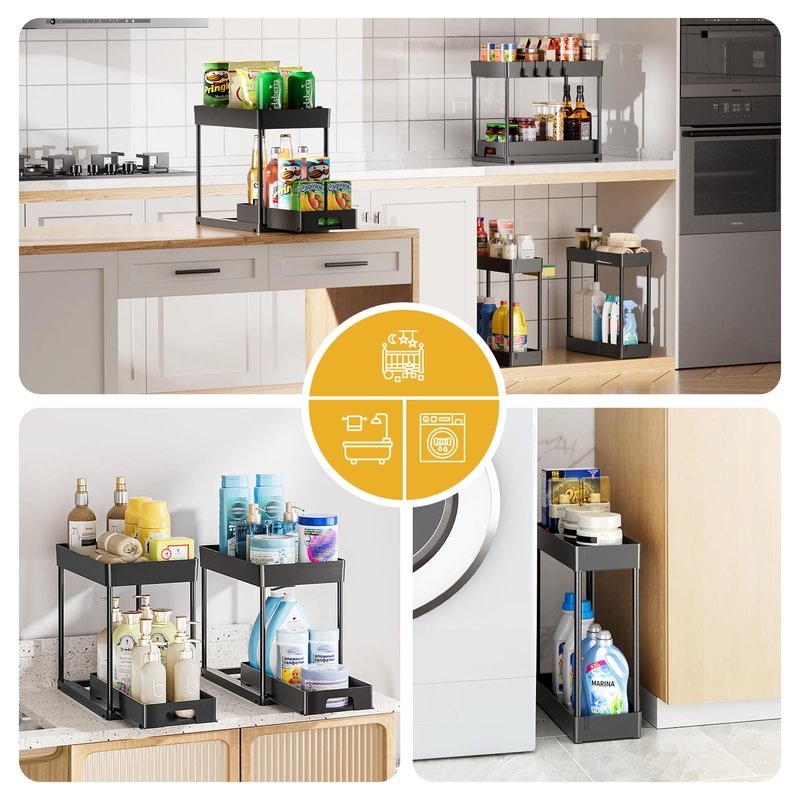 Delamu 3 Pack Under Sink Organizers and Storage, 2 Tier Black Bathroom Cabinet Organizer, Multi-Use Kitchen Bathroom Organizers and Storage, Under Counter Organizer with Hooks