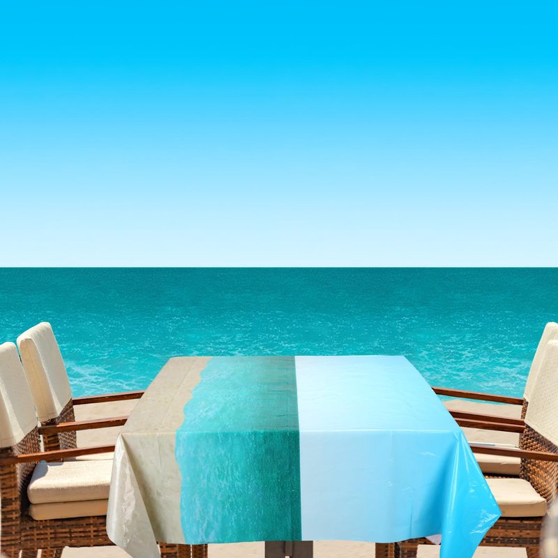 Oudain 54 Inch x 100 ft Ocean Beach Wall Backdrop Tablecloth Roll with Cutter Box Plastic Tropical VBS 2026 Photography Background Ocean Waves Wallpaper Summer Birthday Party Decoration