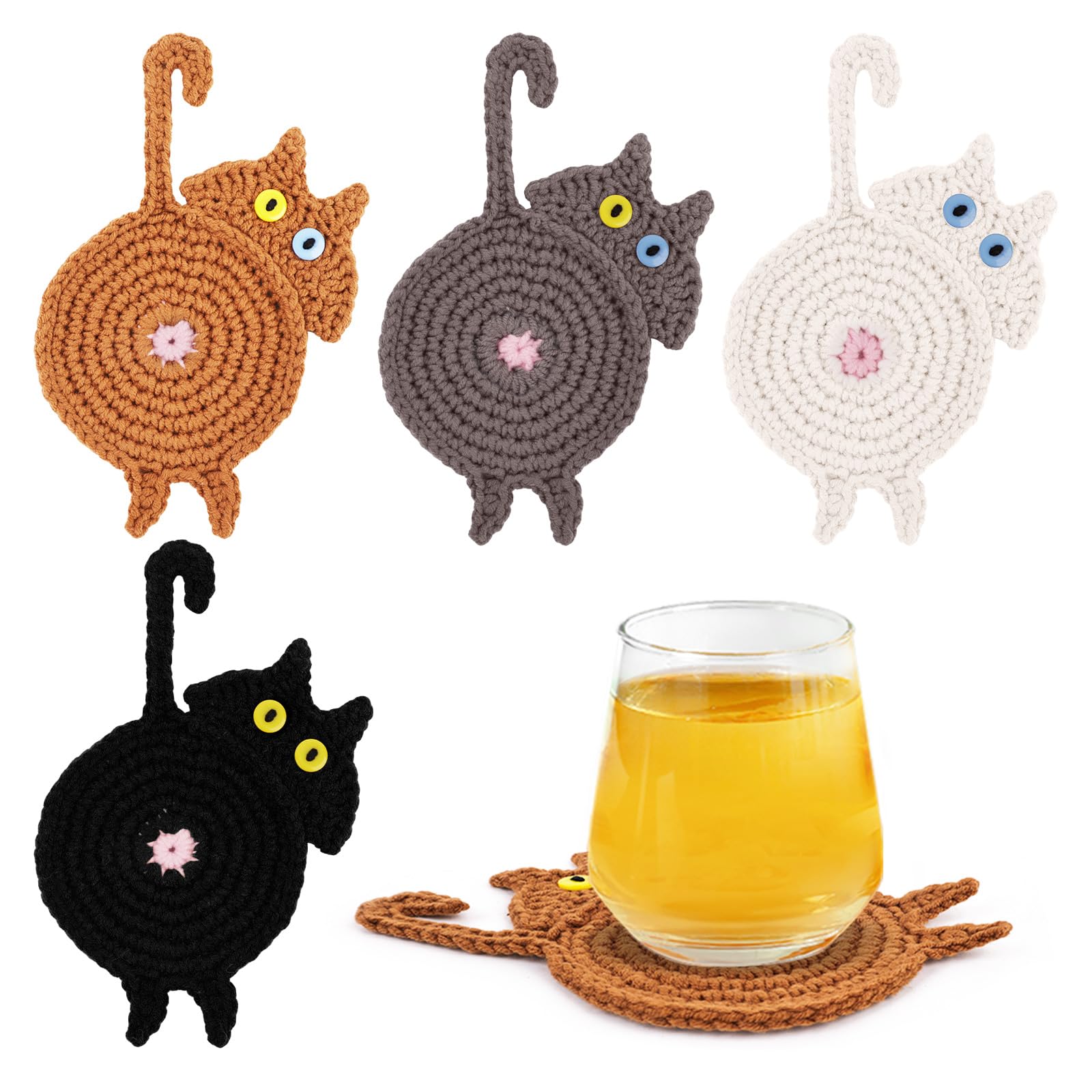 DICHA Peeking Cat Crochet Coasters - Cat Gifts - Insulation Coasters for Coffee & Tea - Handmade Set of 4