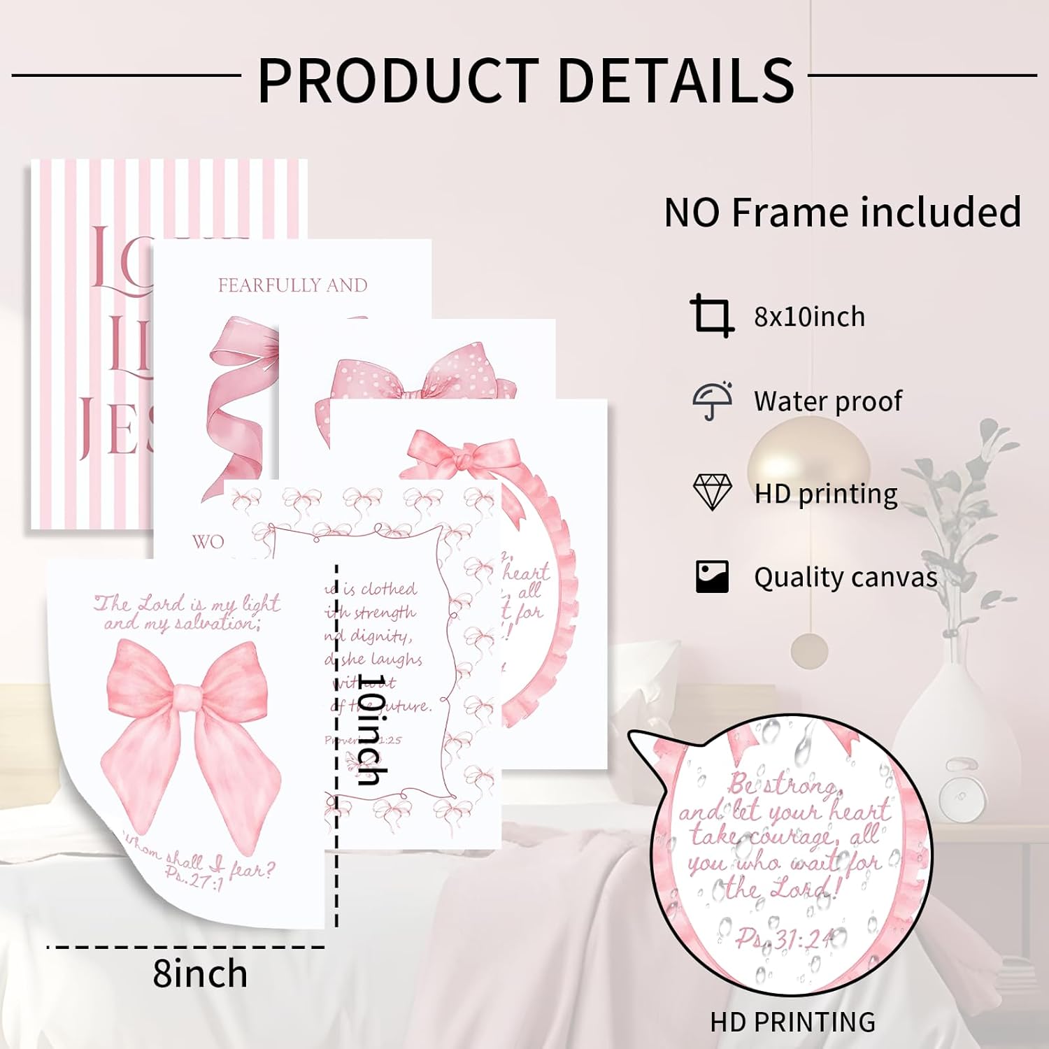 Skiennix 3-Piece Pink Bows Wall Art - Cute Bible Verse Decor for Girls' Rooms | 8x10 Inch Prints