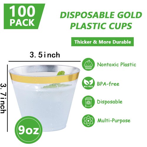 Hioasis 100Pcs 9OZ Clear Plastic Cups with Gold Trim - Plastic Disposable Cups, Heavy Duty & BPA-free for Party, Wedding, Celebrations