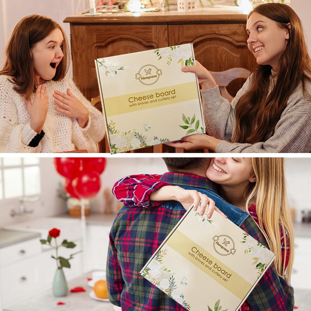 Hongsane Charcuterie Boards Gift Set: Bamboo Charcuterie Cheese Board - Unique for Mom - House Warming Gifts New Home, Bridal Shower Wedding Gifts for Couple