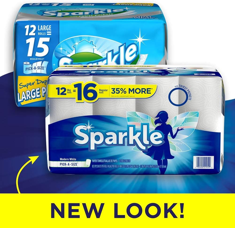 Sparkle Paper Towels - 12 Regular Rolls (16 Pick-a-Size) | Modern White for Easy Cleaning