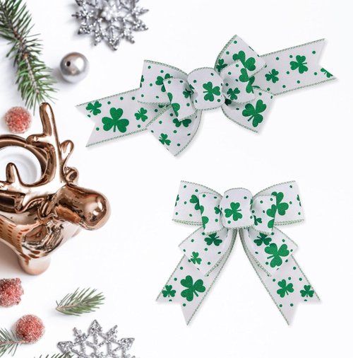Meseey St. Patrick's Day Bow Wreath Decoration - 2 Pcs Green & White Shamrock Bows for Home Decor
