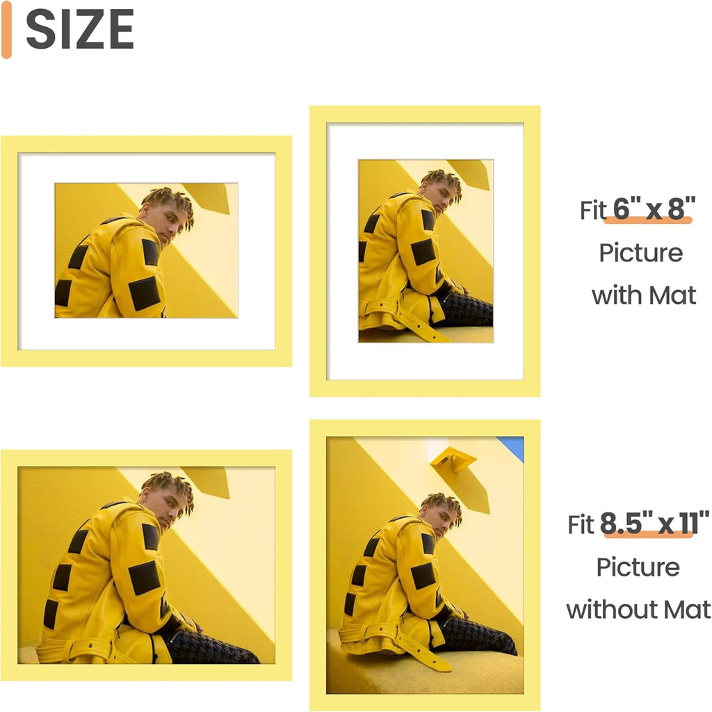 Upsimples 8.5 x 11 Picture Frame - Versatile Display for 6x8 Photos with Mat or 8.5 x 11 Without | Yellow, 1 Pack