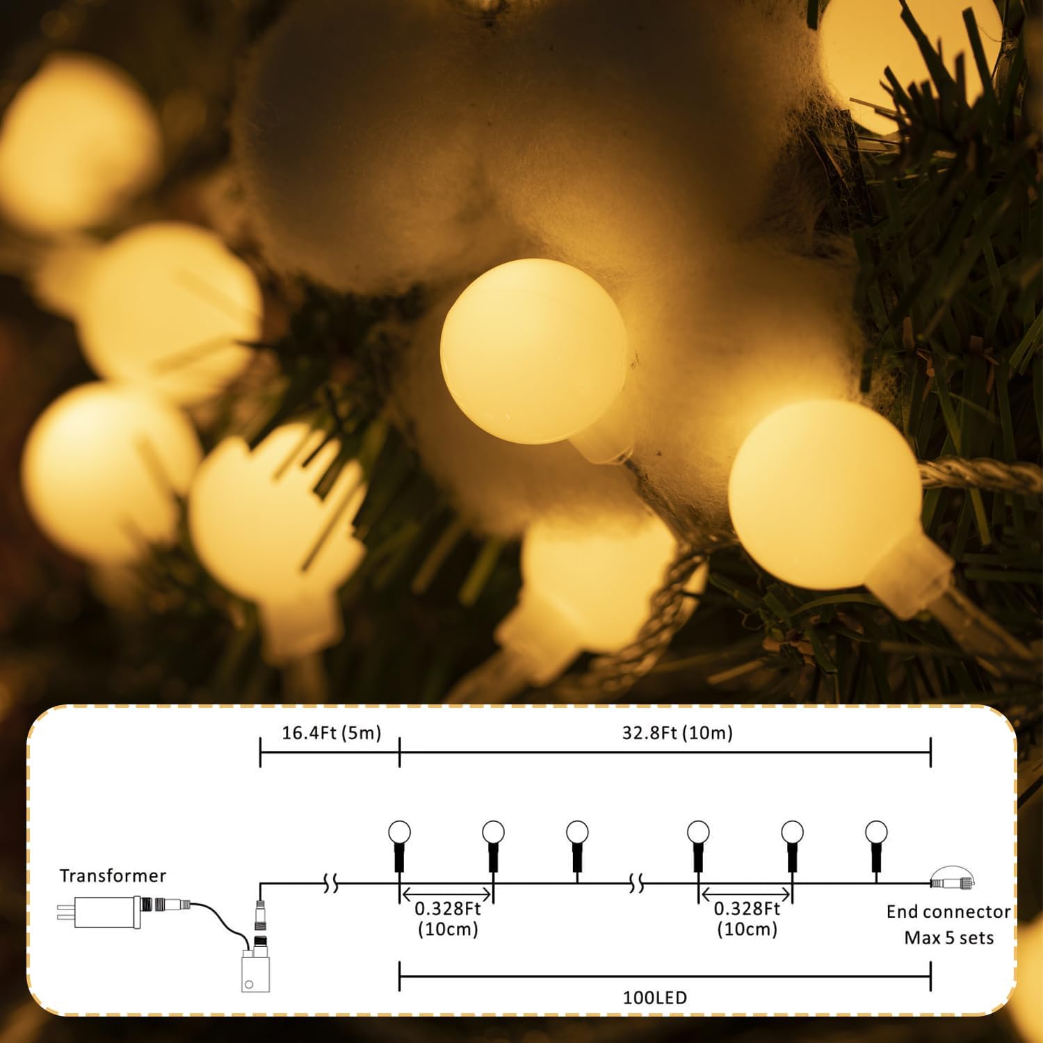 Ogrmar 49 ft 100 LED Globe Ball String Lights - 8 Modes with Remote & Timer for Indoor/Outdoor Decor | Warm White