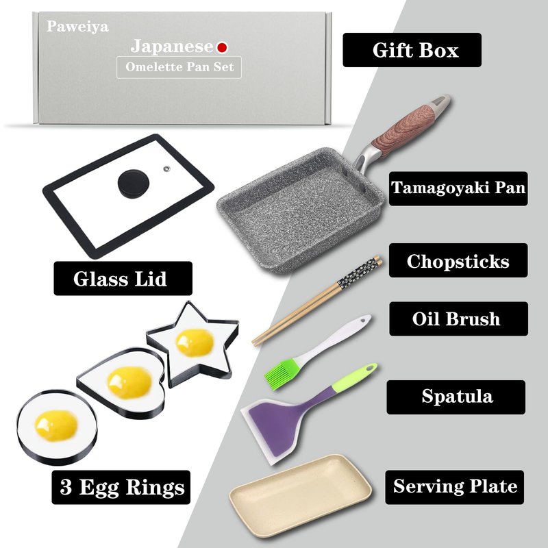 Paweiya Tamagoyaki Pan Set with Lid, Japanese Omelette Pan Nonstick, Square Japanese Egg Pan, 7"×5" Grey