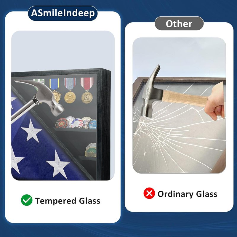Flag Display Case for Funeral Flag, 5' x 9.5' Military Burial Flag Box with HD Tempered Glass and Removable Dividers, Memorial Flag Frame with Felt Lining for Badges Medals (Black)