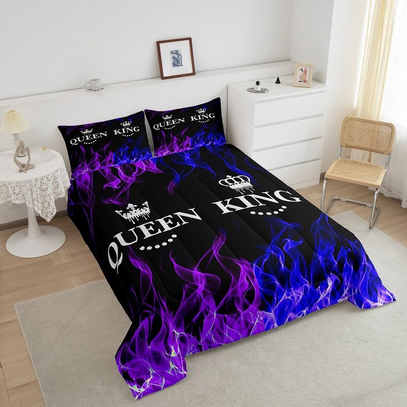 Feelyou King and Queen Crown Comforter Set Modern Chic Bedding Set King Size Duvet Insert All Season Sets for Couples 3 Pieces Purple Blue Flame Quilt Valentines Day Gifts Decorative Bedroom