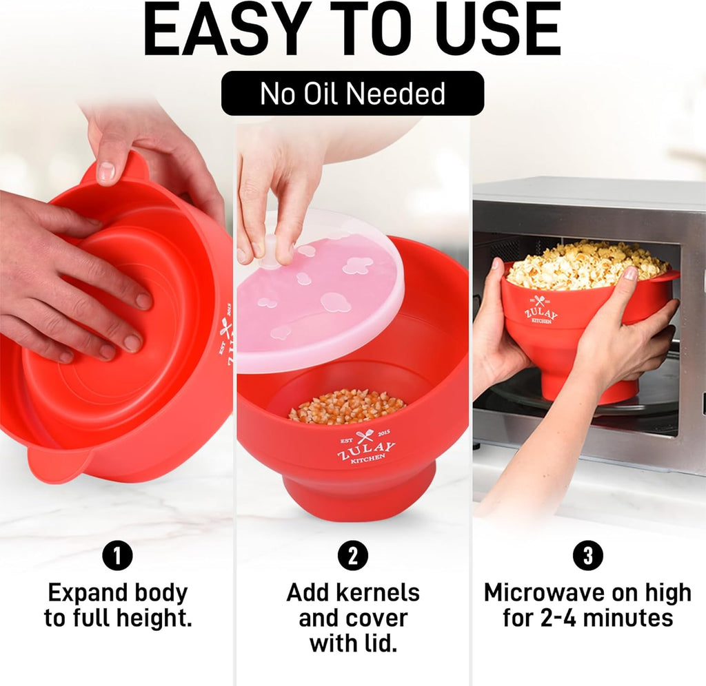 Zulay Microwave Popcorn Popper - Collapsible BPA-Free Silicone, Dishwasher Safe, Red - Perfect for Family Movie Nights