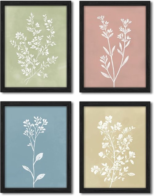 JIMUJIA Minimalist Plant Wall Art Set - Modern White Designs on Light Green, Blue & Pink | 4-Piece Framed Decor (12x16 Inch)