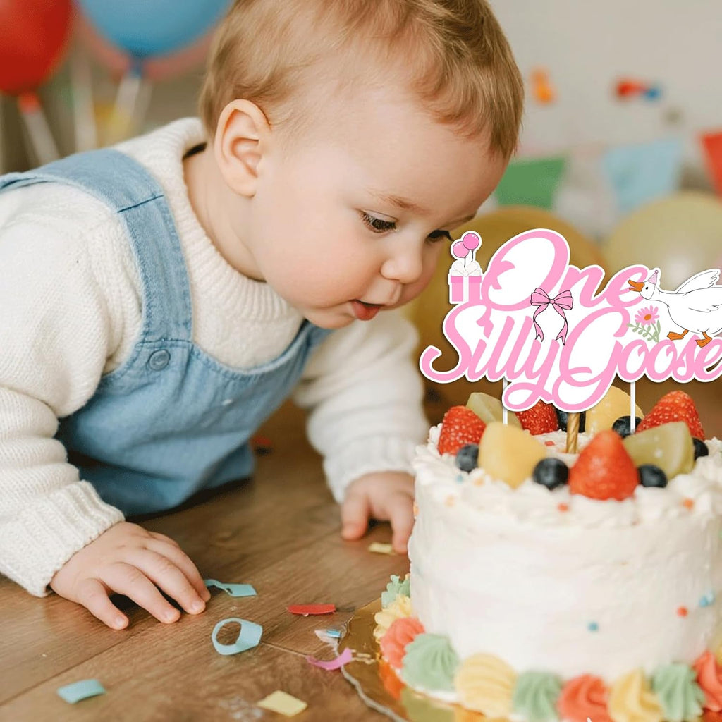 One Silly Goose Birthday Cake Topper - Fun Goose Theme Decorations for 1st Birthday | Cupcake Props