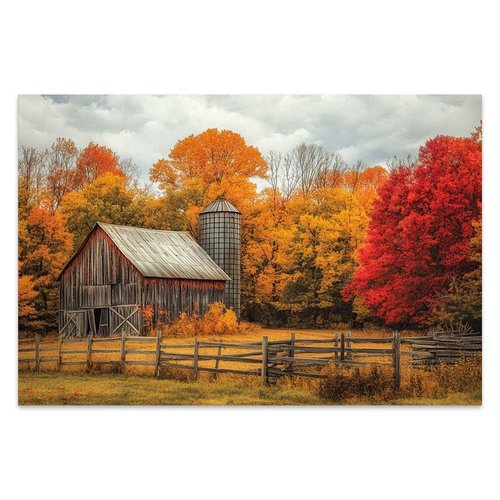 Yesad Yellow Barn Fall Canvas Wall Art, Autumn Fall Room Décor Country Landscape Prints Painting Posters Artwork Farmhouse Decor, Rustic Wall Décor for Living Room Bedroom (Unframed,36”x24”,Barn)