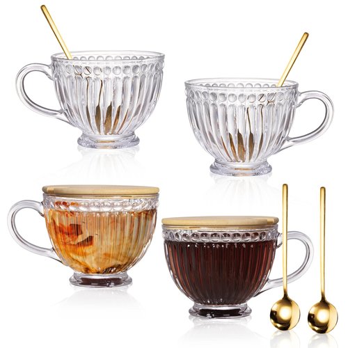 Cididu Large Glass Vintage Latte Mugs Set of 4, 12 Oz Ribbed Cups with Bamboo Lids and Spoons for Cappuccino, Tea, Hot and Cold Drinks, Embossed Breakfast Cup Gift for Coffee, Espresso, Juice, Milk