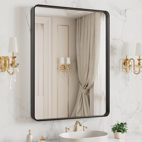 LOAAO Black Metal Framed Bathroom Mirror - 20x16 Inch Large Rounded Rectangle, Anti-Rust, Versatile Hanging Options