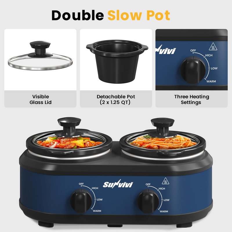 SUNVIVIPRO Double Slow Cooker,2 Removable Pots Small Mini Crock Buffet Server and Warmer with Adjustable Temp, Visible Glass Lids, Dishwasher Safe, 2 x 1.25 Quart, Blue