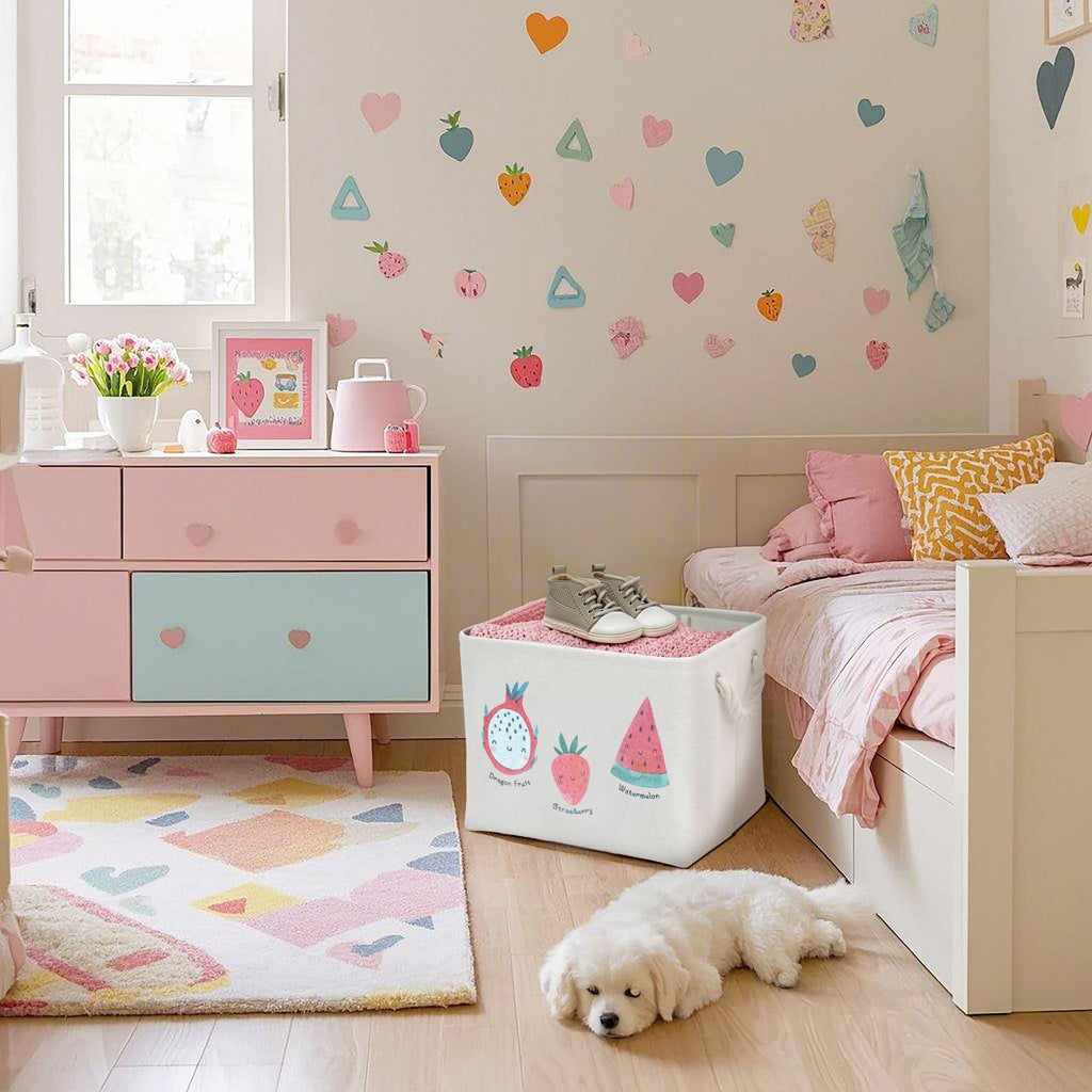 DECOMOMO Toy Storage Baskets for Shelves - 40L Kids Storage Bin for Nursery Décor, Baby, Laundry, Toys (Fruit Print, XXL - 3 Pack)