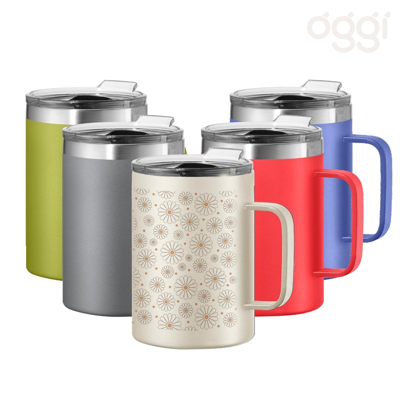 Oggi ThermoMug Stainless Steel Insulated Mug- Double Wall Vacuum Insulated w/Handle & Lid, Coffee Cup, Camping Mug, Travel Thermos, 14oz(420ml), Daisy