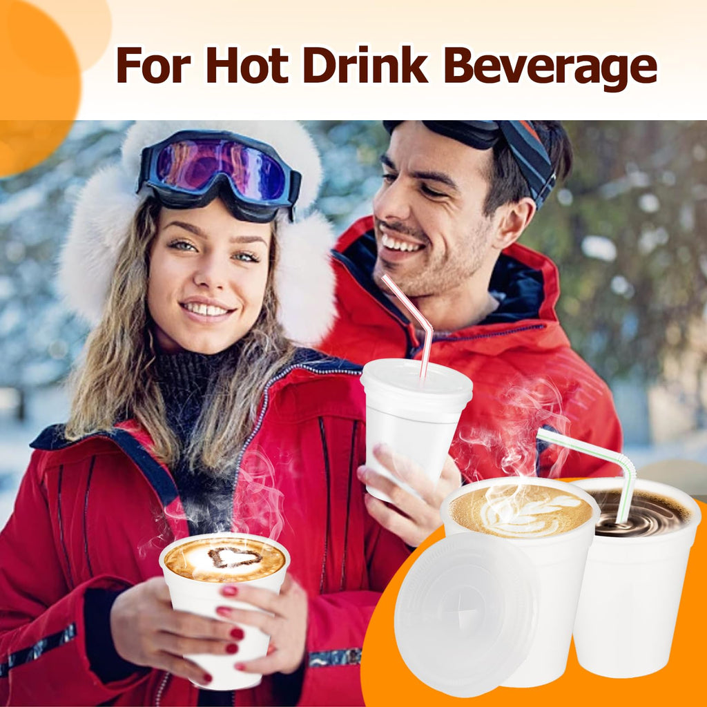 RIKICACA 8 Oz Styrofoam Cups with Lids and Drinking Straws, Disposable White Foam Cups for Hot Cold Drink Beverage, To Go Drinking Container for Coffee, Tea, Juice - 50Sets/150pcs