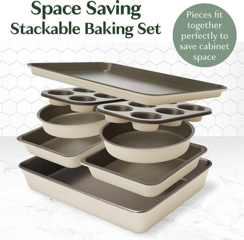 Goodful Nonstick Bakeware Set - 8-Piece Stackable & Space-Saving Design | Round, Square, Muffin Pans, Linen