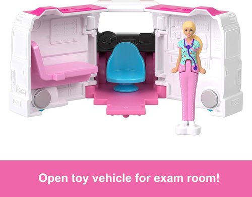 Barbie Mini Doll & Toy Vehicle Set - Color-Change Care Clinic Vehicle with 1.5-Inch Doll