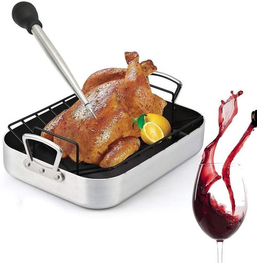 Home Servz Stainless Steel Turkey Baster Syringe and Poultry Lifters fork Set of 2,