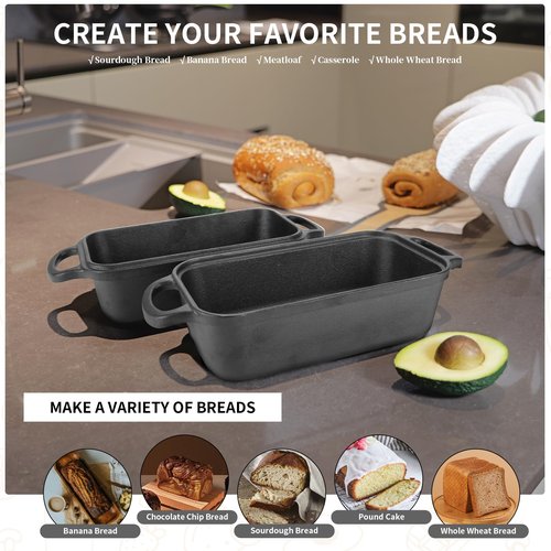 Blisswave Cast Iron Loaf Pan with Lid | Bread Baking Pans | Even Heat Distribution for Homemade Bread, Cake, Meatloaf | 2 Piece Set with 2 Bonus Bread Mats