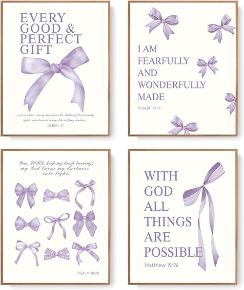LARTSFRO Coquette Purple Bow Wall Art Decor - Inspirational Bible Verses | 10x8 Inch Set of 4 Unframed Prints
