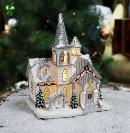 Moments In Time Lighted Musical Church | 11.7” Hand-Painted Christmas Village House with LED Lights